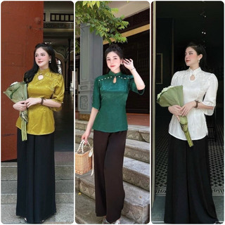 Đồ lam đi chùa nữ chất vải bà ba gấm hoa Thiên Di - Pháp phục đi chùa cao cấp dành cho phật tử D02