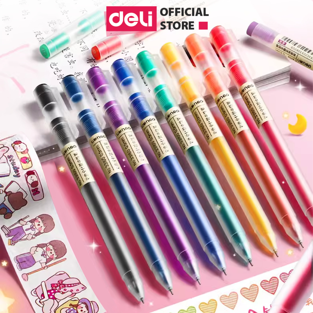 Bút mực gel 0.5mm nhiều màu Deli cute nắp đậy dùng để viết calligraphy trang trí sổ dễ thương nét chữ đẹp cao cấp  A119