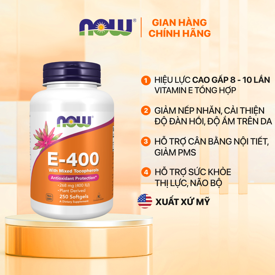 Viên uống Vitamin E tự nhiên Now E 400 của Mỹ, hiệu lực cao, giúp da mịn màng, giảm lão hóa