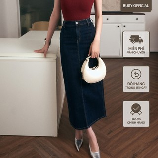 Chân Váy Denim Trơn Nữ Dáng Dài BUSY Chất Jeans Mềm Co Giãn Xẻ Sau CVJD2