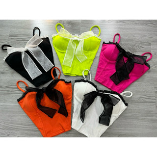 Áo 2 dây phối ren có kèm mút đệm fom croptop ngắn trên rún