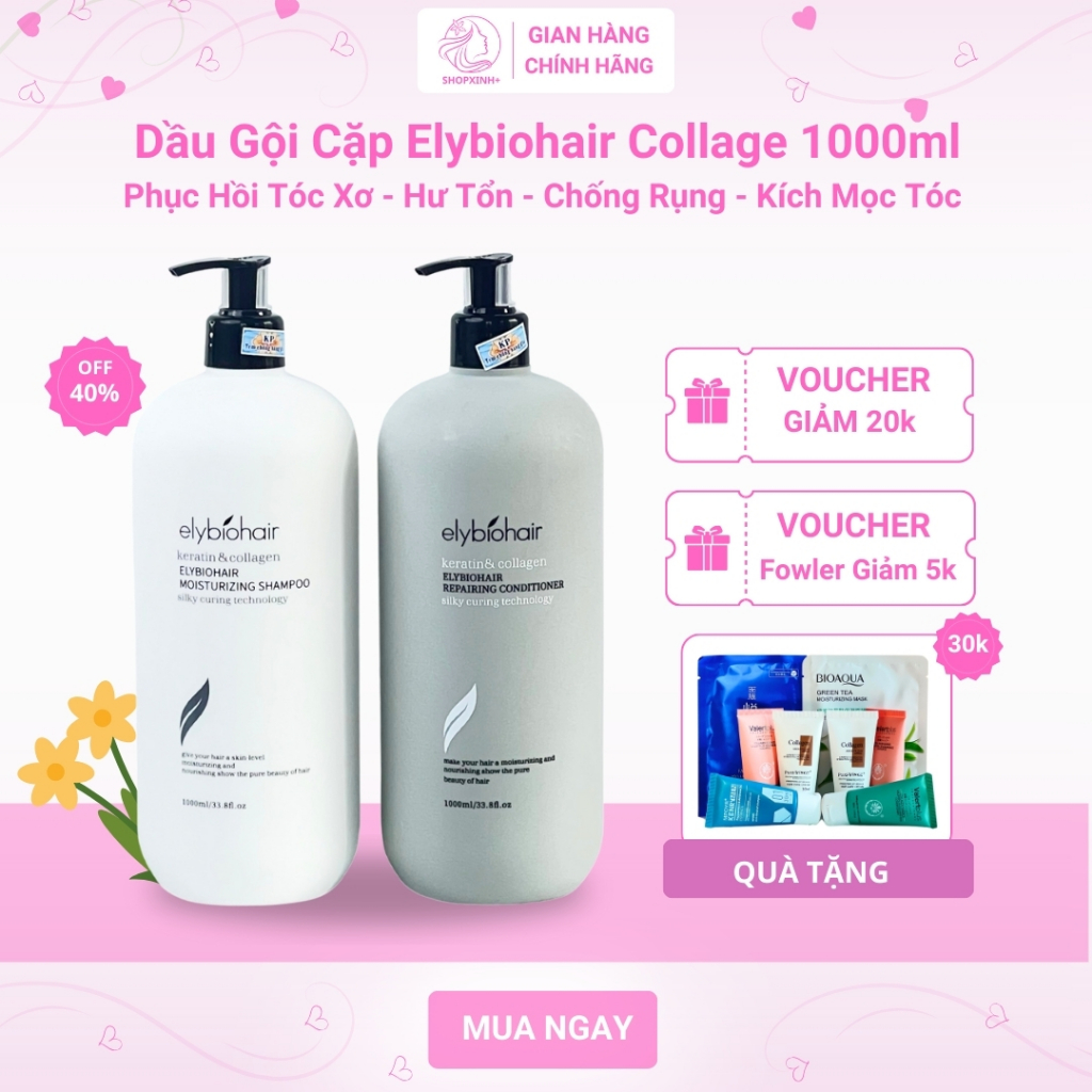 Dầu Gội Cặp Elybiohair Collage 1000ml ShopXinh+ Phục Hồi Tóc Xơ Hư Tổn Chống Rụng Kích Mọc Tóc