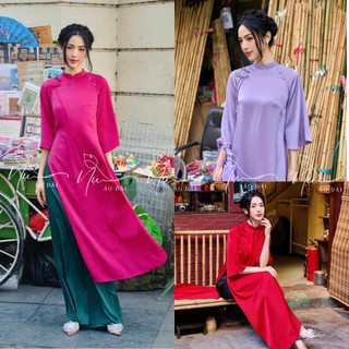 Áo dài truyền thống dáng suông chất tây thi , nơ cách điệu trước ngực, kiểu dáng trẻ trung