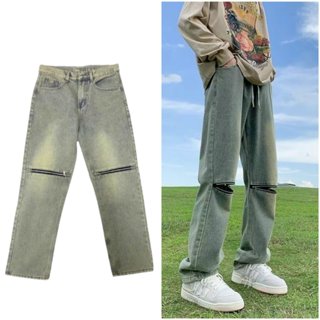 quần jean ống rộng màu rêu trơn và xanh nhạt khóa gối 2023