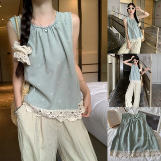 Áo sơ mi denim thêu nơ vạt phối ren nổi tay ngắn mùa hè ngọt ngào phong cách retro