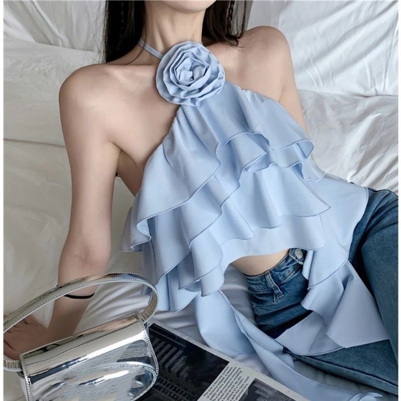 áo yếm đính hoa xếp tầng hở lưng sexy áo kiểu nữ tiểu thư voan nơ bèo tầng nữ tính có mút ngực A451 SUTANO | BigBuy360 - bigbuy360.vn