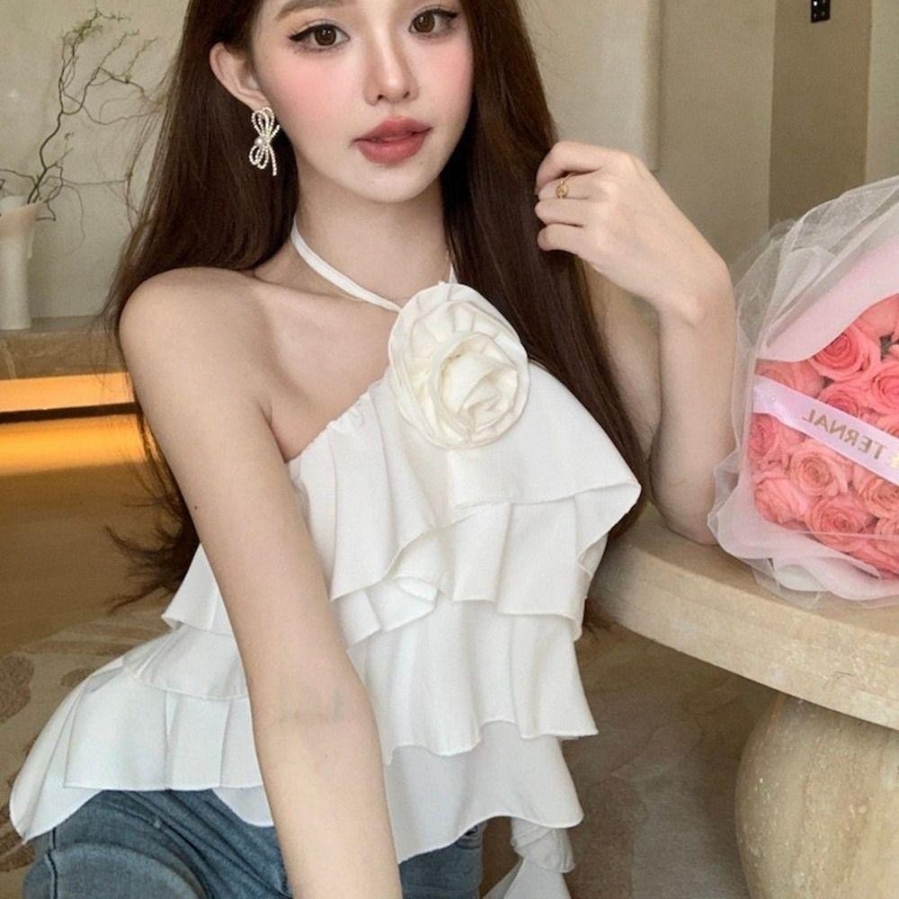 áo yếm đính hoa xếp tầng hở lưng sexy áo kiểu nữ tiểu thư voan nơ bèo tầng nữ tính có mút ngực A451 SUTANO | BigBuy360 - bigbuy360.vn