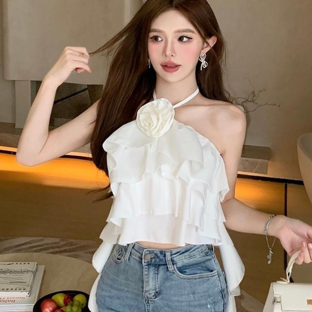 áo yếm đính hoa xếp tầng hở lưng sexy áo kiểu nữ tiểu thư voan nơ bèo tầng nữ tính có mút ngực A451 SUTANO | BigBuy360 - bigbuy360.vn