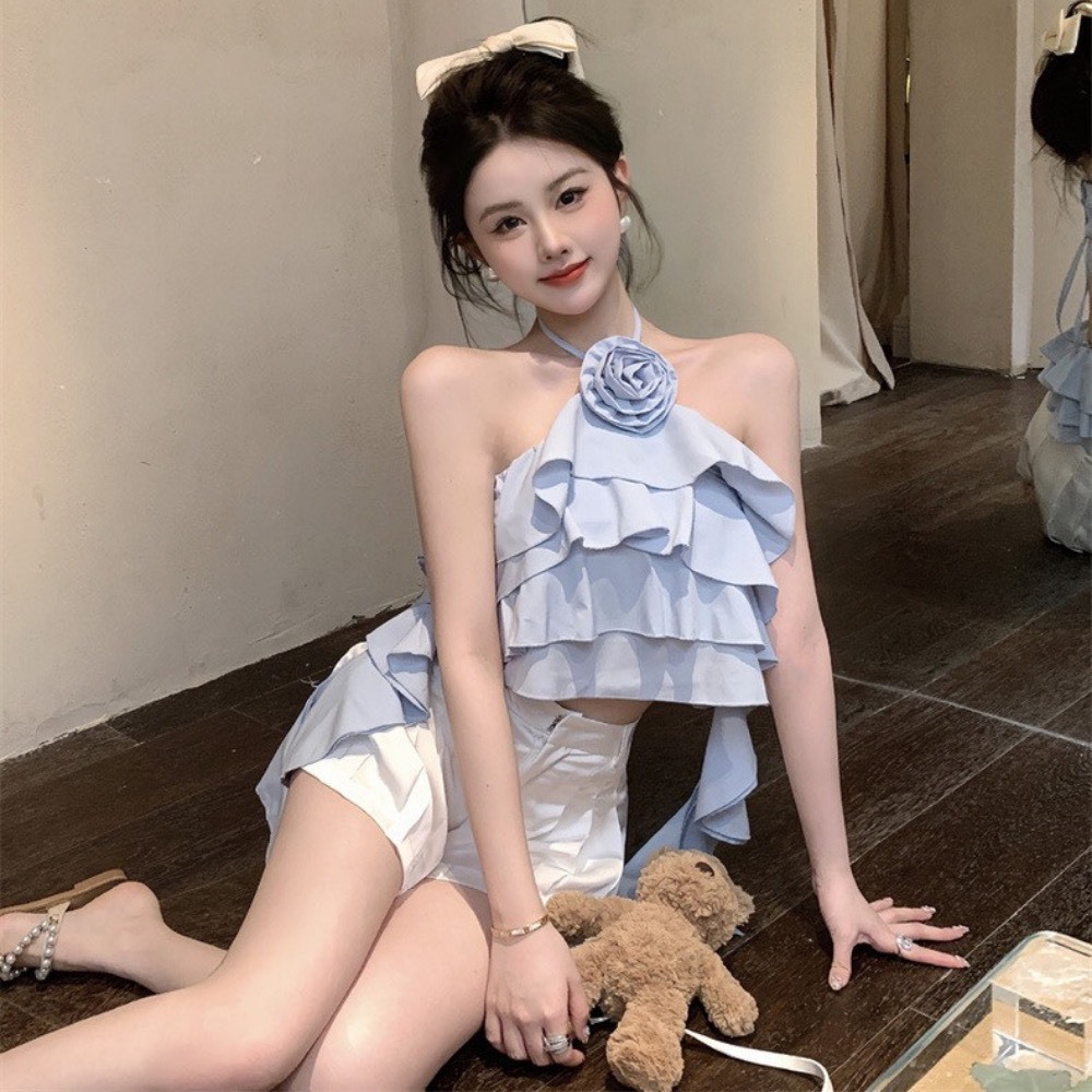 áo yếm đính hoa xếp tầng hở lưng sexy áo kiểu nữ tiểu thư voan nơ bèo tầng nữ tính có mút ngực A451 SUTANO | BigBuy360 - bigbuy360.vn