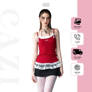 Cazi - Clara Top - Áo hai dây tăm lạnh phối viền ren hai màu đen đỏ