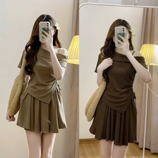 Set áo trễ vai nữ kèm quần sooc xòe, Set bộ nữ lệch vai dây rút thun tăm YUNA68 X009