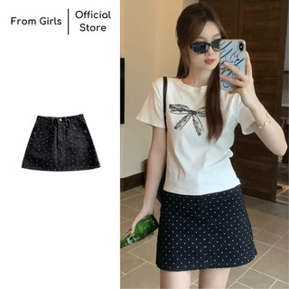Chân váy chữ A jeans kaki hoa bi có quần trong from_girls - CV24