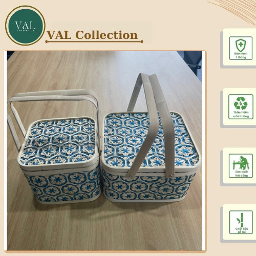 Hộp quà tết. Giỏ đựng quà bằng tre hoa thị màu xanh giỏ picnic