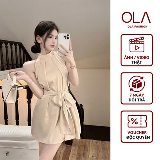 Váy chữ a cổ yếm công sở nhẹ nhàng, váy thắt nơ eo thanh lịch nữ tính tôn dáng