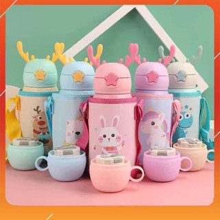 Bình giữ nhiệt nóng lạnh 550ml sừng hươu cho bé-2 nắp tặng kèm túi đeo