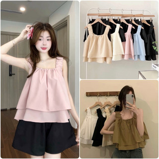 Sét bộ thô áo 2 dây bản chun 2 tầng + quần short nhiều màu