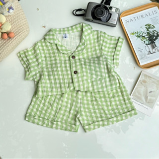  Bộ pijama cộc tay xô muslin caro thấm hút thoáng mát cho bé 