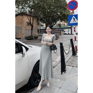 Đầm maxi tăm lạnh cổ vuông in nơ 2 màu đẹp y hình