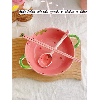 Set bát tô sứ có quai tặng kèm thìa đũa siêu xinh