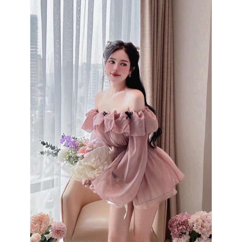 Áo Trễ Vai Tơ Mềm Siêu Bánh Bèo Gắn Nơ Đen Bo Chun Eo | BigBuy360 - bigbuy360.vn