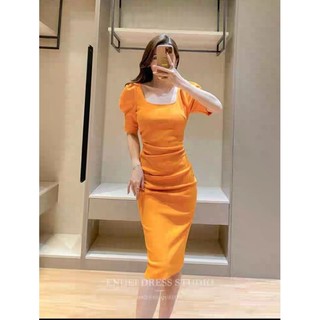 Đầm ôm body cổ vuông dúng ly 1 bên eo HT100 ( Thun poly 2 da)