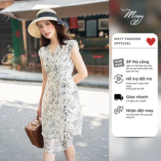 Đầm hoa nữ thiết kế MAYY FASHION dáng ôm A cổ đáp chéo tay hến Vĩ Cầm