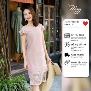 Đầm suông hồng nữ cao cấp mayy fashion cổ tròn khoét vai phớt hồng