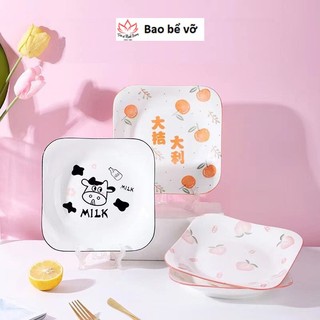 Đĩa sứ vuông hoa văn đào, đĩa sứ vuông decor, đĩa vuông decor, đĩa nhà hàng, đĩa phong cách