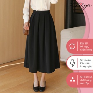  Chân váy xoè midi đen công sở VILYA xếp ly khóa kéo sau CV24-02 