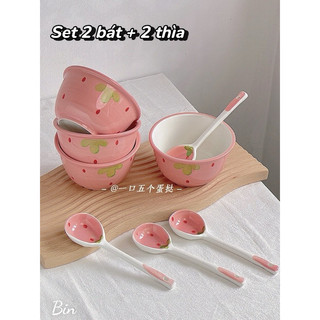Set 2 bát kèm 2 thìa gốm sứ hàng Đóng xốp