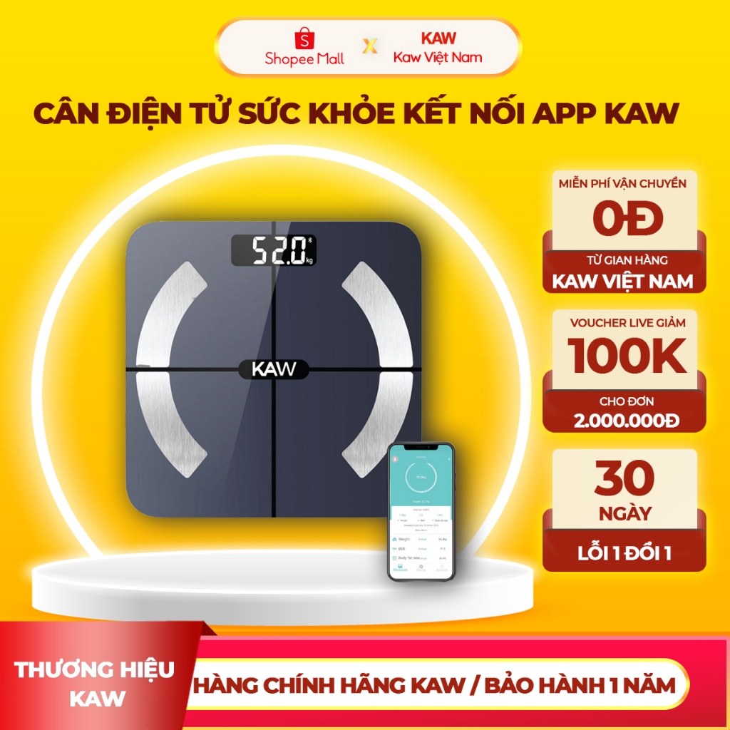 Cân Điện Tử Sức Khỏe Thông Minh KAW, Kết Nối Bluetooth, Màn Hình Led Kính Cường Lực Bền Bỉ, Theo Dõi Sức Khỏe Cả Nhà