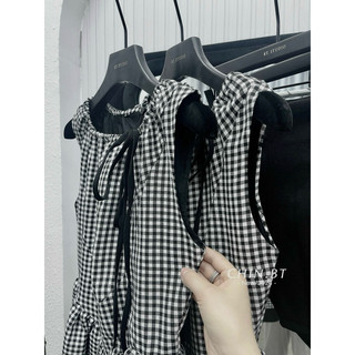 Váy kẻ sát nách cổ nơ