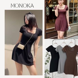 Váy thun ôm body cổ vuông cộc tay xòe chữ A Đầm nữ basic phông nâu đen xám ngắn đi chơi mặc nhà tôn dáng T107G MONOKA