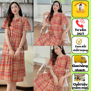 Váy bầu mùa hè , đầm bầu thiết kế cộc tay công sở sang chảnh kẻ cam V26