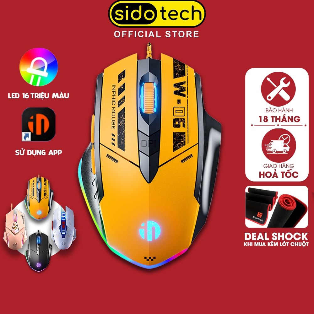 Chuột gaming máy tính có dây SIDOTECH INPHIC W6 có 6 nút hỗ trợ app led RGB 16 triệu màu 12800 DPI m