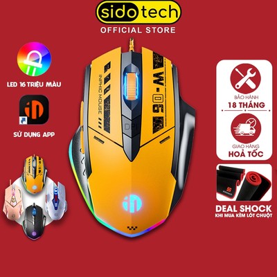 Chuột gaming máy tính có dây SIDOTECH INPHIC W6 có 6 nút hỗ trợ app led RGB 16 triệu màu 12800 DPI macro game moba FPS