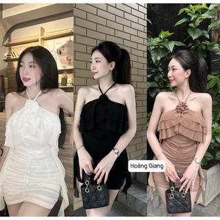 Đầm body lưới cổ yếm đính hoa viền bèo tầng nhún eo dáng ngắn siêu đẹp tôn dáng