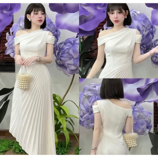  Váy hở vai đầm chéo vai dập ly dáng dài sang chảnh 2 màu đen trắng cho nàng đi tiệc đi chơi 0002401  