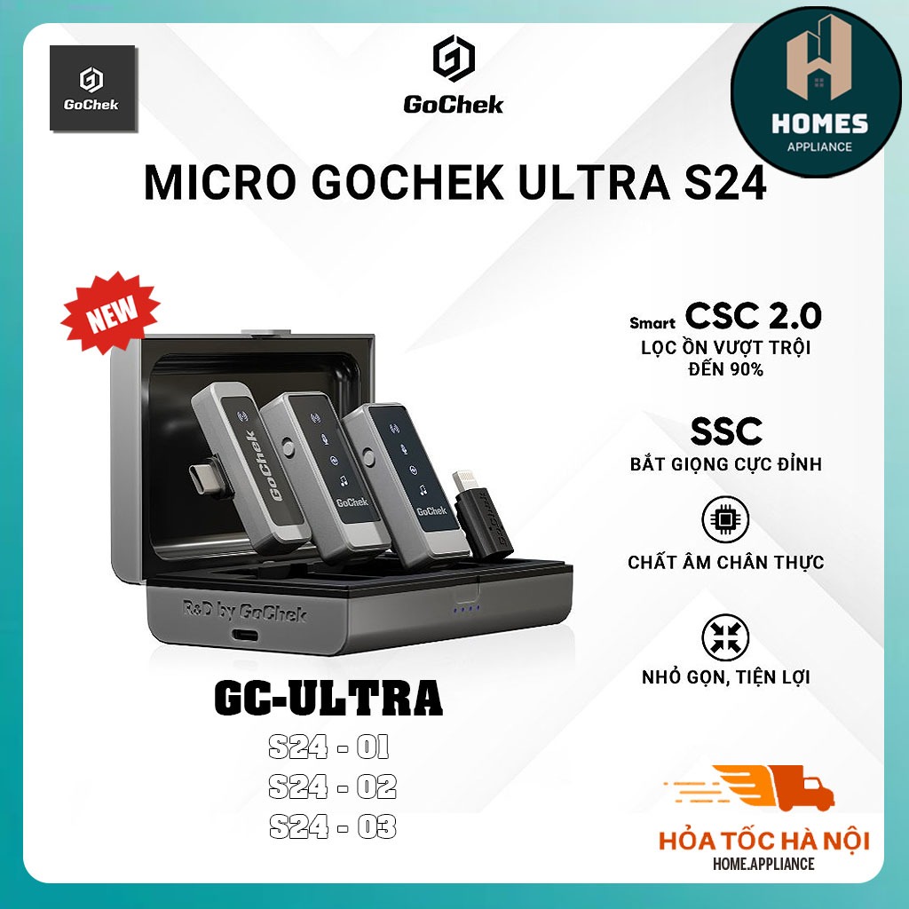 Micro Thu Âm Không Dây Gochek GC-ULTRA S24 | Micro Không Dây Cài Áo Gochek Tích Hợp 2 Chân Cắm Khi L