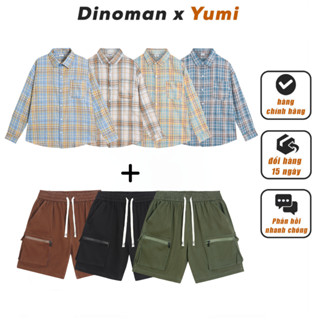 [COMBO SIÊU HỜI] Áo Sơ Mi Flannel Kẻ Caro và Quần Short Kaki Túi Hộp Dino x Yumi Phong Cách Hàn Quốc