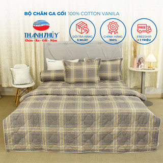Bộ Chăn Ga Gối 4 món, 5 món - 100% Cotton Vanila mềm mại, thoáng mát - Kẻ sọc, Kẻ caro - THANH THUY