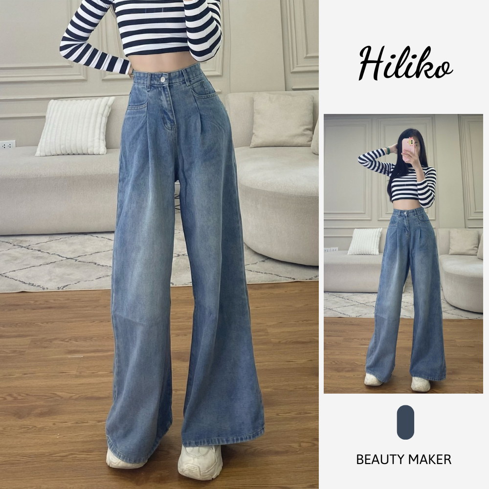 Quần jean nữ xuông ly trước, quần jeans ống rộng, quần jean ống suông cạp cao hách dáng - Hiliko
