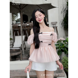 Áo trễ vai tay bồng 4 nơ đen by zamy shop
