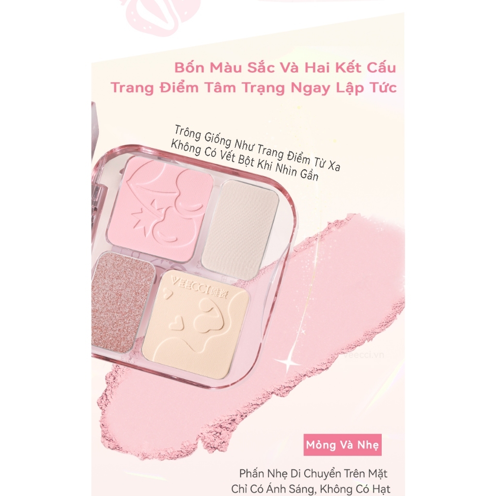 Bảng Phấn Má & Highlight Tạo Khối  VEECCI 4 Ô Chống Nước Lâu Trôi 9G SHUSHU COSMETICS