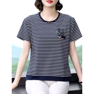Áo nữ cho mẹ trung niên HAFA S59 chất cotton xốp cổ tròn đính đá họa tiết kẻ sọc có bo gấu áo cao cấp
