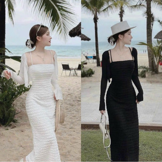 Sét đầm maxi ren 2 dây có lót kèm áo khoác ngoài chất thun giấy 2 màu y hình,
