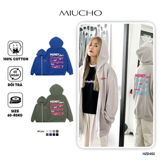 Áo hoodie zip unisex form rộng HZD452 Miucho chân cua in typography