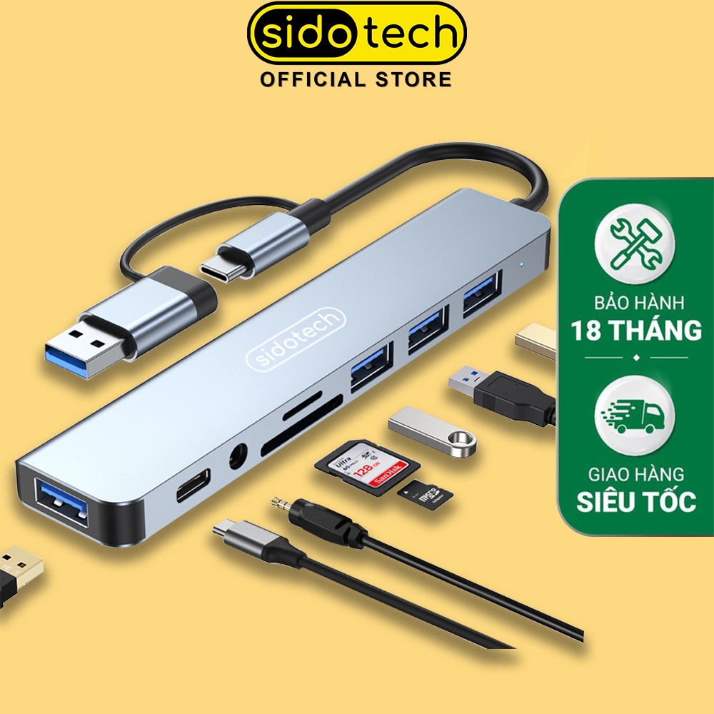 Hub type c usb 3.0 SIDOTECH 2 đầu 8 port in 1 cổng chuyển đổi tích hợp PD SD TF mở rộng macbook laptop ipad máy in pc