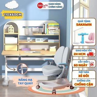  Bộ bàn học chống gù Gỗ tự nhiên Sakawin S110 Bàn học cho bé kèm giá sách vòm, Kích thước lớn 1m1