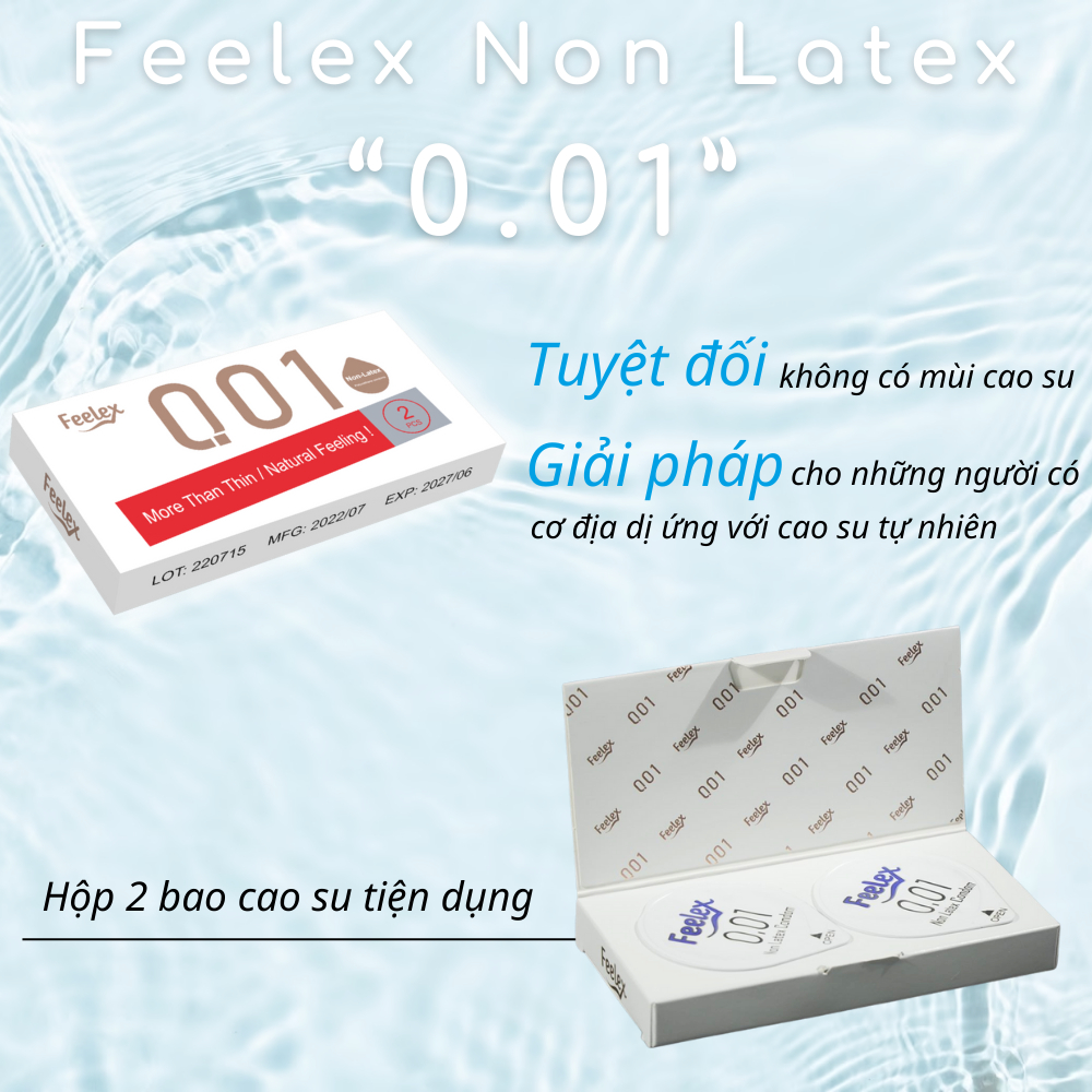 Bao cao su Non-Latex Feelex 001 siêu mỏng, nhiều gel bôi trơn - hộp 2 chiếc